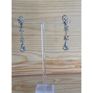 Vintage Silver Tone Clip-On Earrings With Floral & Teardrop Rhinestone Design